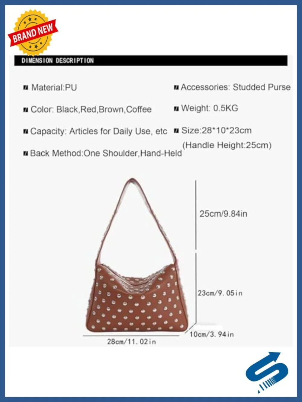 Studded Vegan Leather Shoulder Bag with Zipper, Y2K Punk Hobo Purse